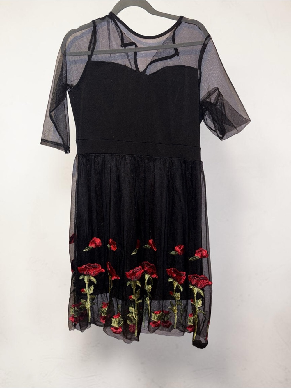 Source Unknown Black Mesh Dress with Red Floral Embroidery